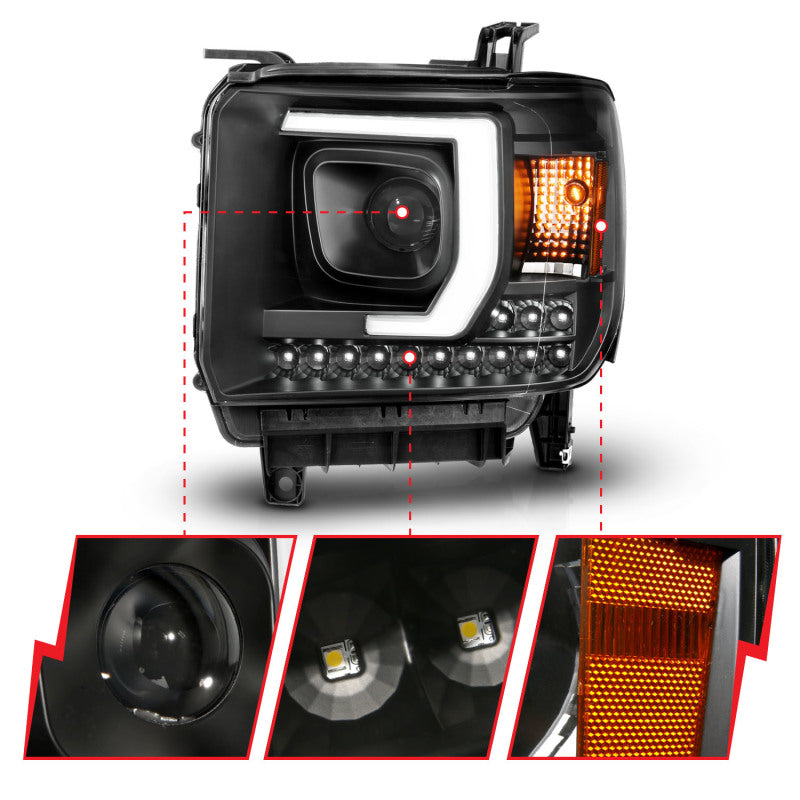 ANZO 2014-2015 GMC Sierra 1500HD Projector Plank Style Headlight Black W/ DRL