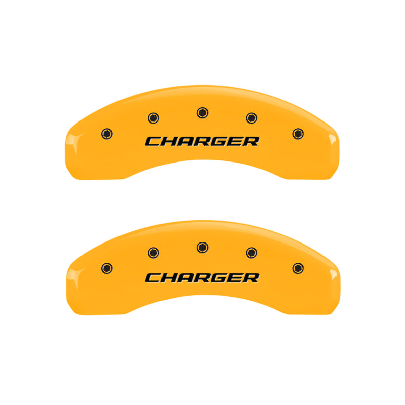 MGP 4 Caliper Covers Engraved Front & Rear Block/Charger Yellow finish black ch