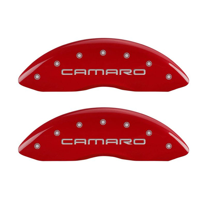 MGP 4 Caliper Covers Engraved Front Gen 4/Camaro Engraved Rear Gen 4/SS Red finish silver ch