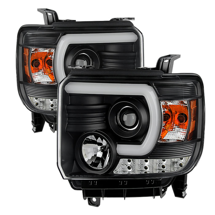 Spyder GMC Sierra 14-16 Projector Headlights Light Bar DRL Blk PRO-YD-GS14V2-LBDRL-BK