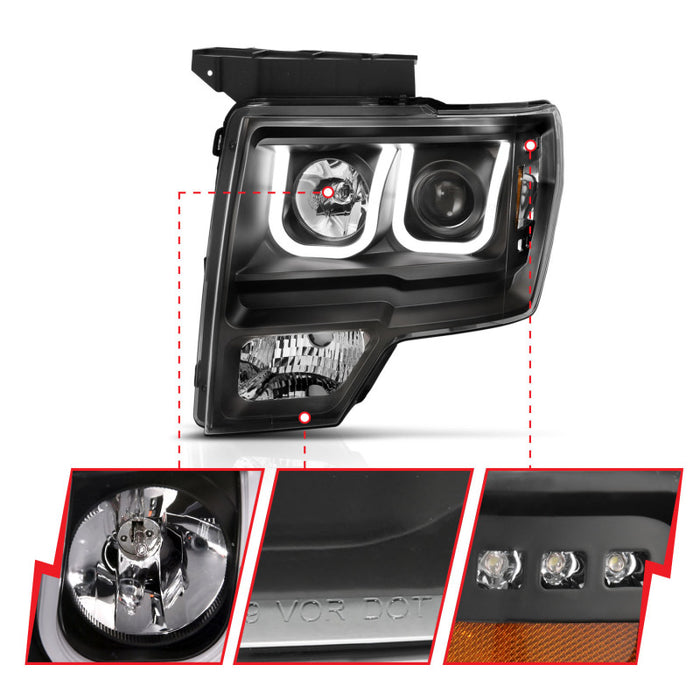 ANZO 2009-2014 Ford F-150 Projector Headlights w/ U-Bar Switchback Black w/ Amber