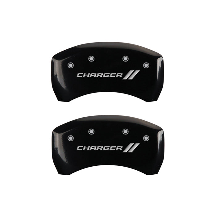 MGP 4 Caliper Covers Engraved Front & Rear With stripes/Charger Black finish silver ch