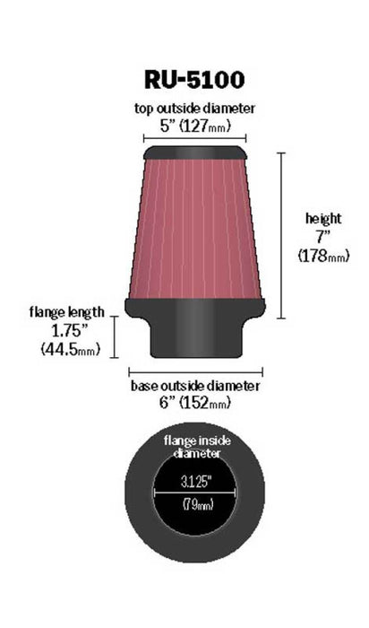 K&N Universal Clamp-On Air Filter 3-1/8in FLG / 6in B / 5in T / 7in H