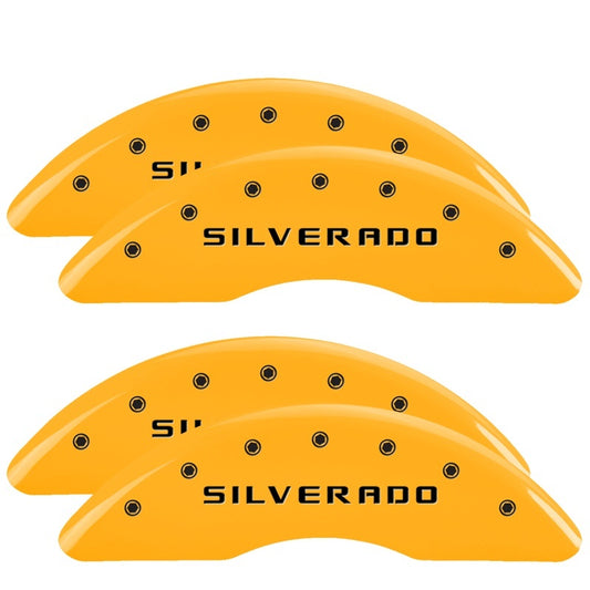 MGP 4 Caliper Covers Engraved Front & Rear Silverado Yellow finish black ch