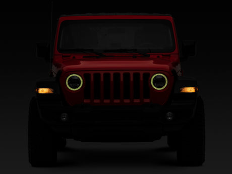Raxiom 18-22 Jeep Wrangler JL/JT Axial 9-Inch LED Headlights w/RGB Halo- Blk Housing (Clear Lens)