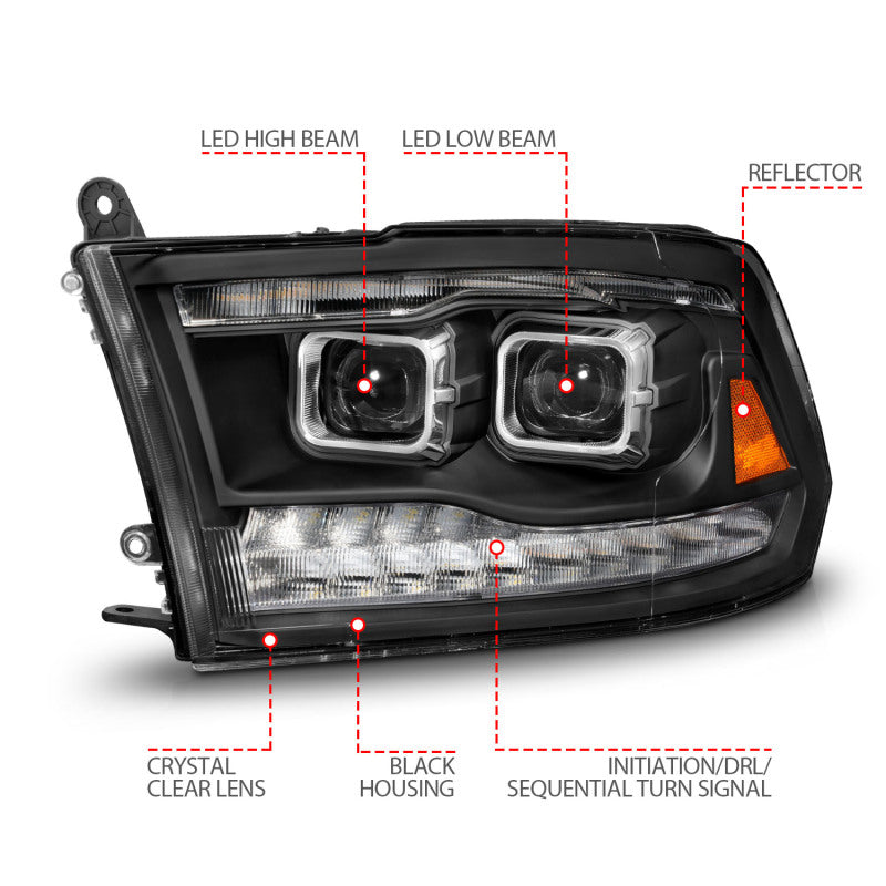 ANZO 09-18 Dodge Ram 1500/2500/3500 Full LED Proj Headlights w/Switchback Light Bar - Black