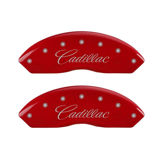 MGP 4 Caliper Covers Engraved Front & Rear Cursive/Cadillac Red finish silver ch