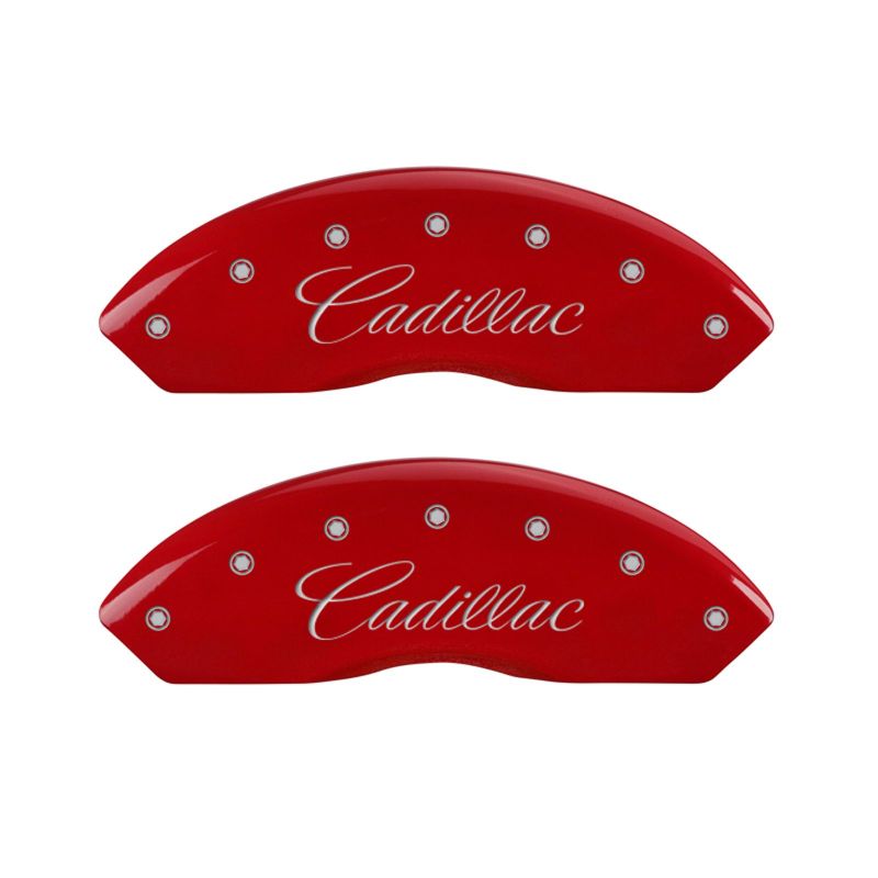 MGP 4 Caliper Covers Engraved Front Cursive/Cadillac Engraved Rear XLR Red finish silver ch