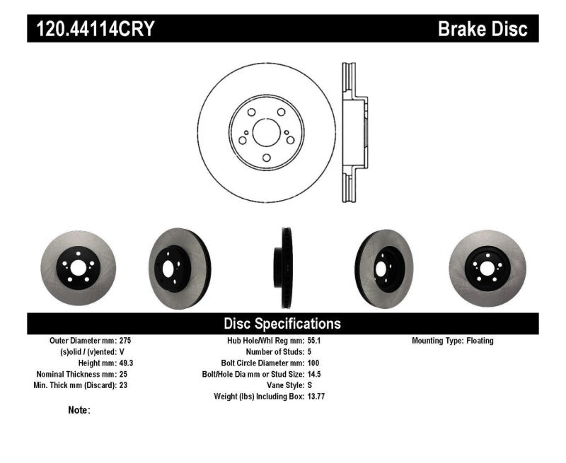 Stoptech 01-05 Toyota Celica GT & GT-S/05-09 Scion tC Front CRYO-STOP Rotor