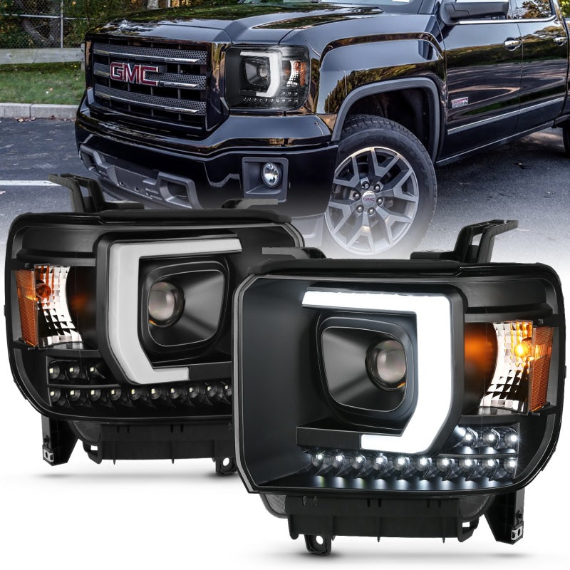 ANZO 2014-2015 GMC Sierra 1500HD Projector Plank Style Headlight Black W/ DRL