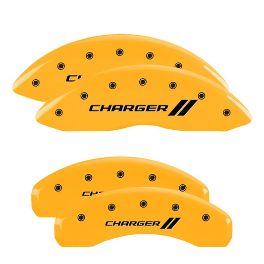 MGP 4 Caliper Covers Engraved Front & Rear With stripes/Charger Yellow finish black ch