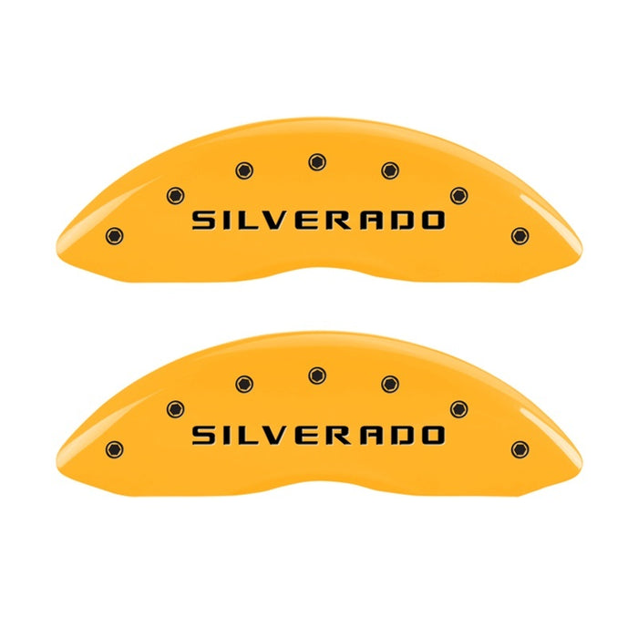 MGP Front set 2 Caliper Covers Engraved Front Silverado Yellow finish black ch