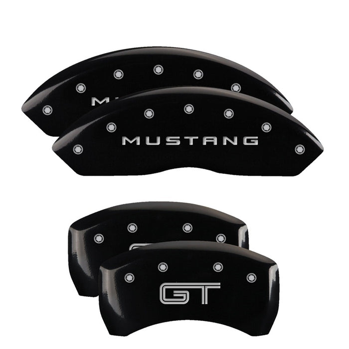 MGP 4 Caliper Covers Engraved Front Mustang Engraved Rear GT Black finish silver ch