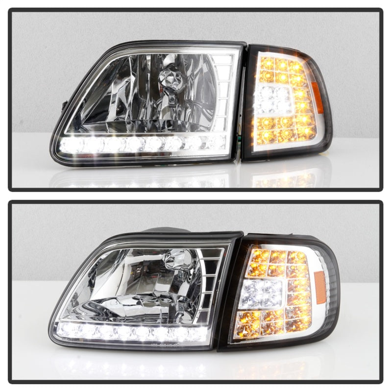 xTune Ford F150 97-03 Crystal Headlights w/ Clear LED Corners Chrome HD-ON-FF15097-LED-SET-C