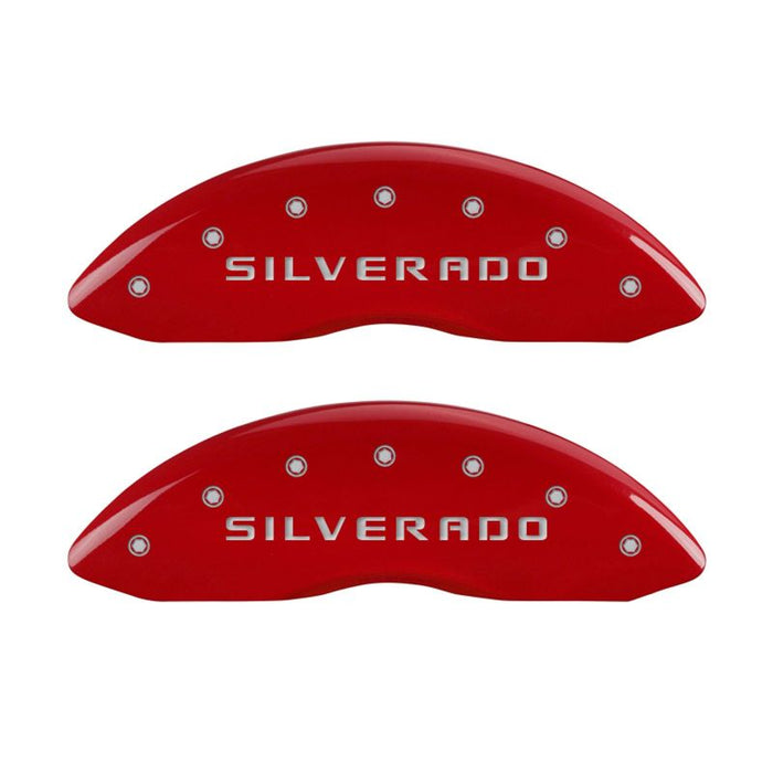 MGP 4 Caliper Covers Engraved Front & Rear Silverado Red finish silver ch