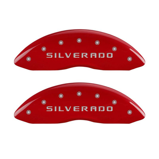 MGP 4 Caliper Covers Engraved Front & Rear Silverado Red finish silver ch