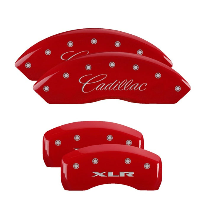 MGP 4 Caliper Covers Engraved Front Cursive/Cadillac Engraved Rear XLR Red finish silver ch