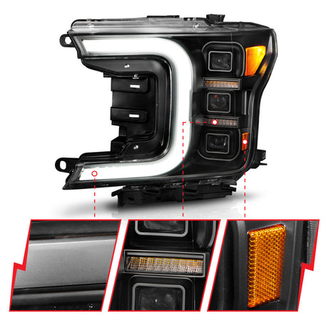 ANZO 18-20 Ford F-150 Full Led Projector Light Bar Headlights Black Amber