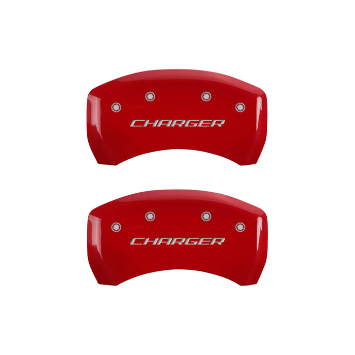 MGP 4 Caliper Covers Engraved Front & Rear Block/Charger Red finish silver ch