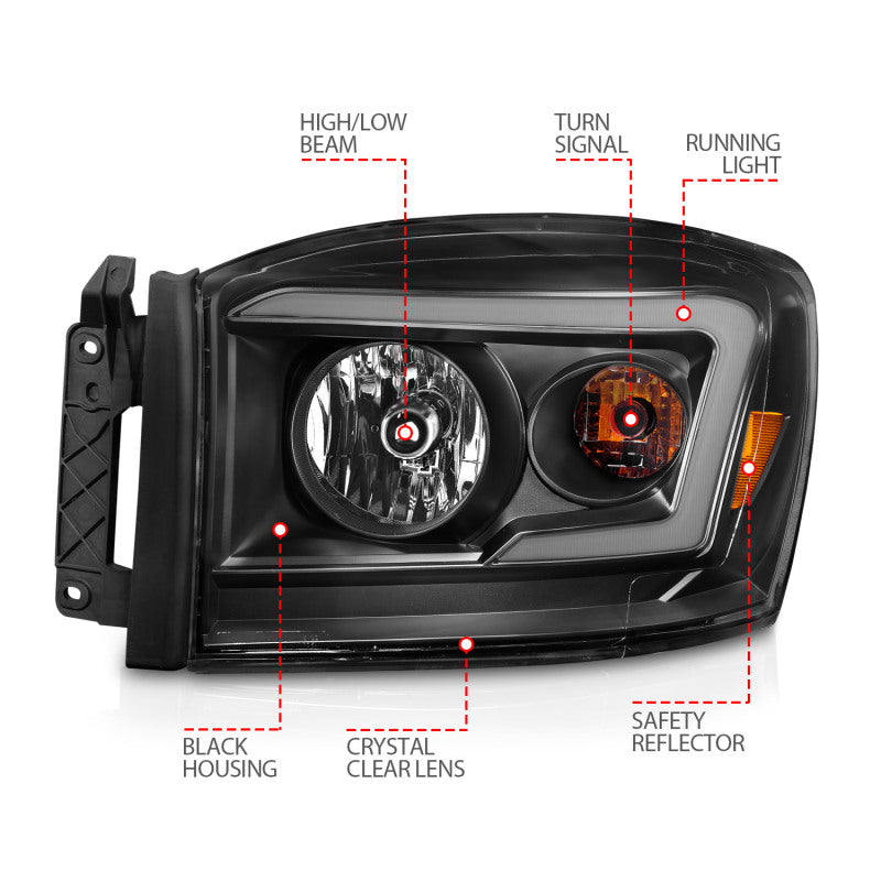 ANZO 06-09 Dodge RAM 1500/2500/3500 Headlights Black Housing/Clear Lens (w/ Light Bars)