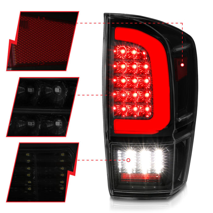 ANZO 16-21 Toyota Tacoma LED Tail Lights - w/ Light Bar Sequential Black Housing & Smoke Lens