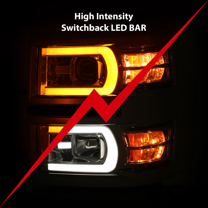 ANZO 14-15 Chevrolet Silverado 1500 Projector Headlights w/ Plank Style Switchback Chrome w/ Amber