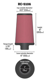 K&N Universal Chrome Round Tapered Air Filter 3in FlangeID / 6in Base OD / 4.5in Top OD / 8in Height