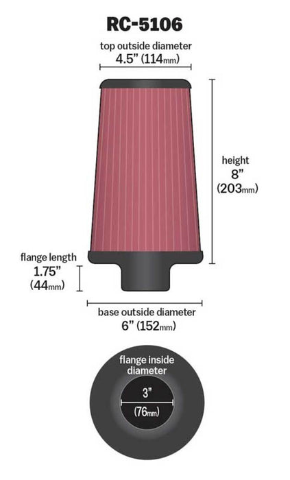 K&N Universal ChromeRound Tapered Air Filter 3in Flange ID / 6in Base OD / 4.5in Top OD / 8in Height