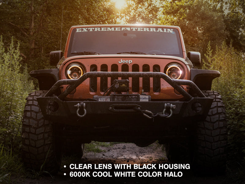 Raxiom 97-18 Jeep Wrangler TJ/JK Axial Halo Headlights w/ DRL Amber Signals- Blk Hsng (Clear Lens)