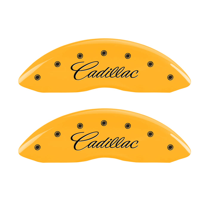 MGP 4 Caliper Covers Engraved Front Cursive/Cadillac Engraved Rear CTS Yellow finish black ch