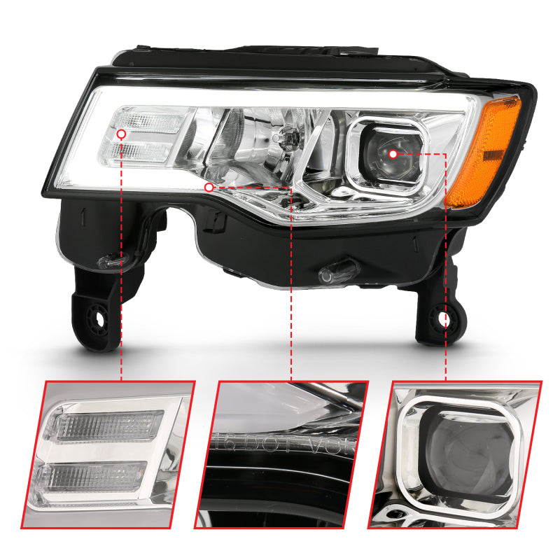 ANZO 2017-2018 Jeep Grand Cherokee Projector Headlights w/ Plank Style Switchback - Chrome w/ Amber