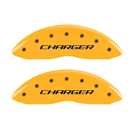 MGP 4 Caliper Covers Engraved Front Charger Engraved Rear RT Yellow finish black ch