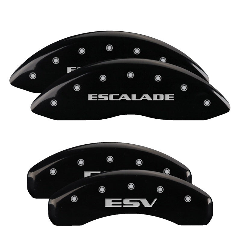 MGP 4 Caliper Covers Engraved Front Escalade Engraved Rear ESV Black finish silver ch