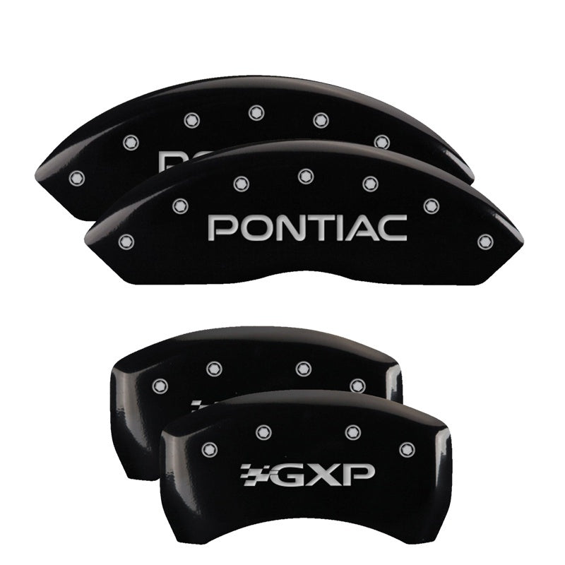 MGP 4 Caliper Covers Engraved Front Pontiac Engraved Rear GXP Black finish silver ch