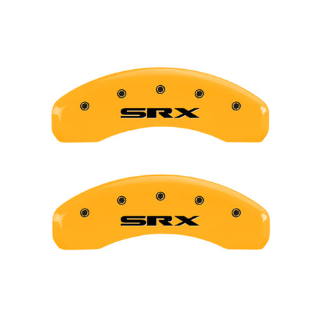 MGP 4 Caliper Covers Engraved Front Cursive/Cadillac Engraved Rear SRX Yellow finish black ch