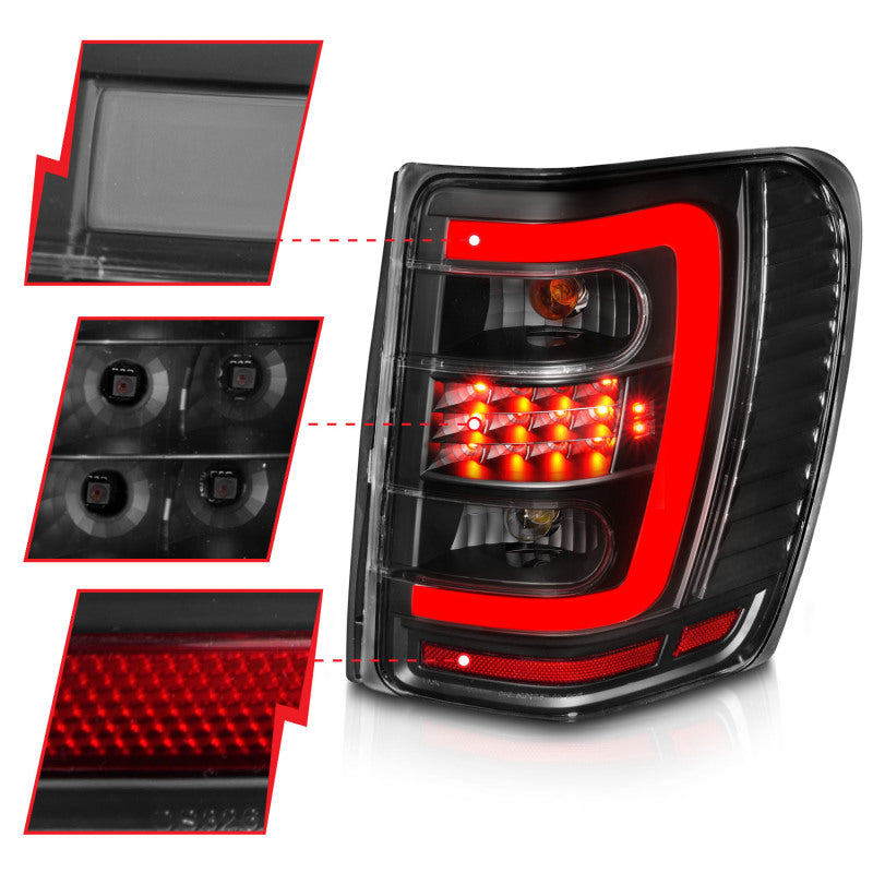 ANZO 1999-2004 Jeep Grand Cherokee LED Tail Lights w/ Light Bar Black Housing Clear Lens