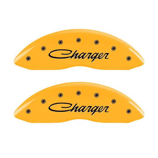 MGP 4 Caliper Covers Engraved Front & Rear Cursive/Charger Yellow finish black ch