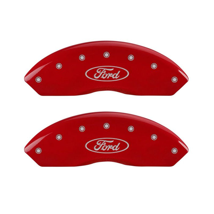 MGP 4 Caliper Covers Engraved Front & Rear Oval Logo/Ford Red Finish Silver Char 2018 Ford Fusion