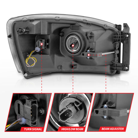 ANZO 06-09 Dodge RAM 1500/2500/3500 Headlights Chrome Housing/Clear Lens (w/Switchback Light Bars)