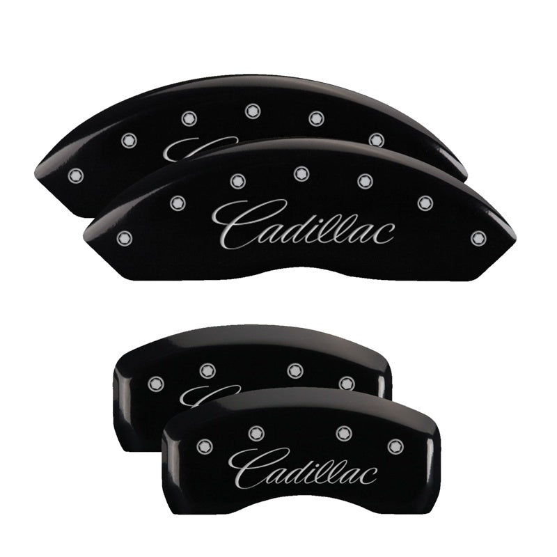 MGP 4 Caliper Covers Engraved Front & Rear Cursive/Cadillac Black finish silver ch