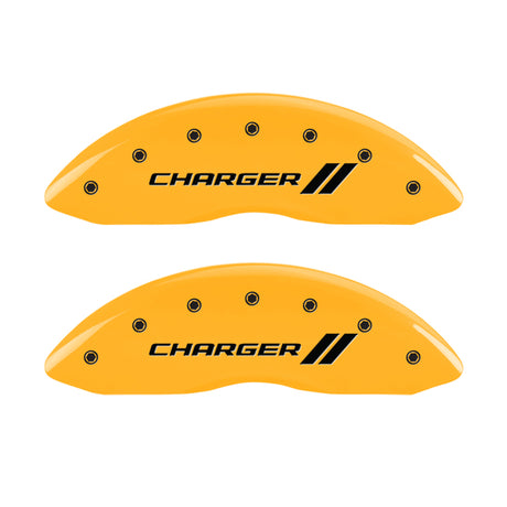 MGP 4 Caliper Covers Engraved Front & Rear With stripes/Charger Yellow finish black ch