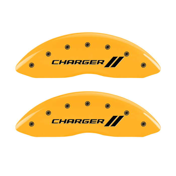 MGP 4 Caliper Covers Engraved Front & Rear With stripes/Charger Yellow finish black ch