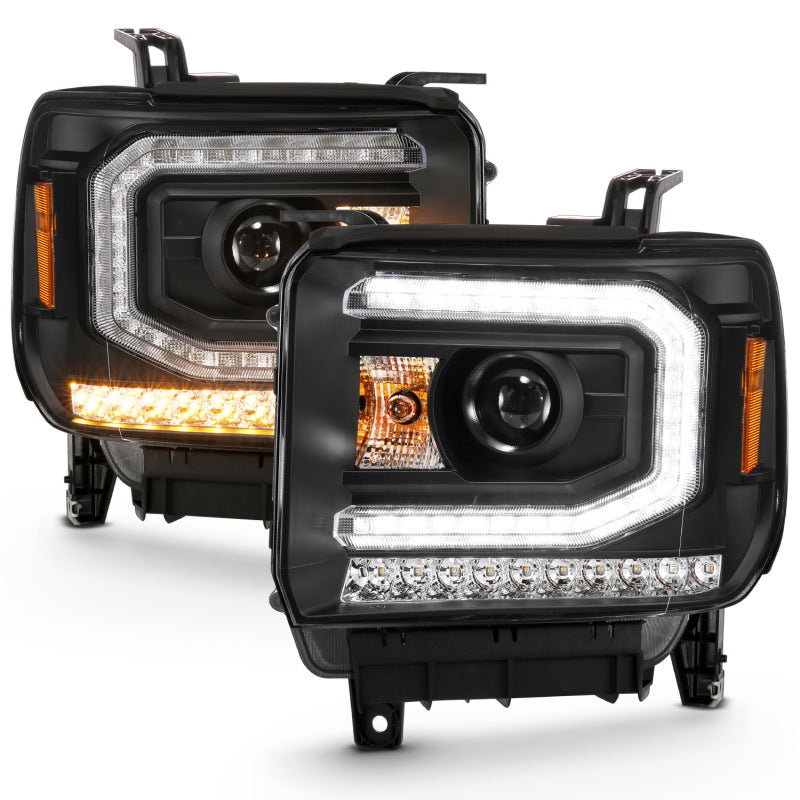ANZO 2016-2019 GMC Sierra 1500 Projector Headlight Plank Style Black w/ Sequential Amber Signal