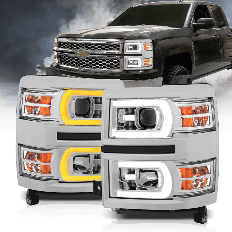 ANZO 14-15 Chevrolet Silverado 1500 Projector Headlights w/ Plank Style Switchback Chrome w/ Amber