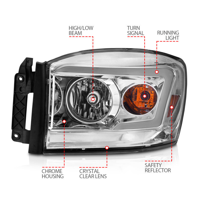 ANZO 06-09 Dodge RAM 1500/2500/3500 Headlights Chrome Housing/Clear Lens (w/Switchback Light Bars)