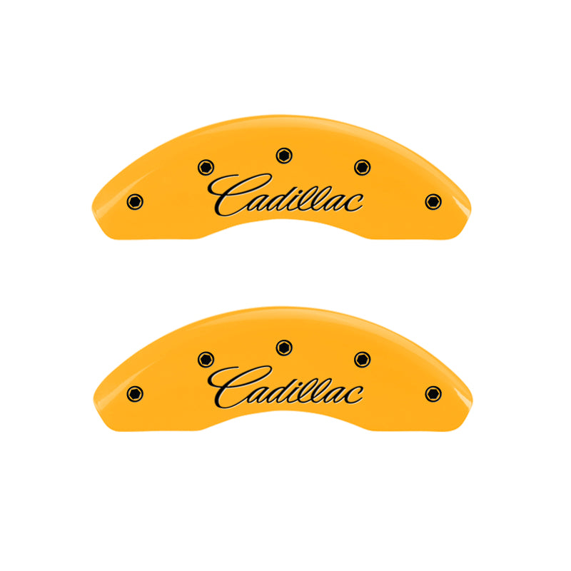 MGP 4 Caliper Covers Engraved Front & Rear Cursive/Cadillac Yellow finish black ch