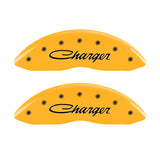 MGP 4 Caliper Covers Engraved Front & Rear 05-10 Dodge Charger R/T Yellow Finish Black Cursive Logo