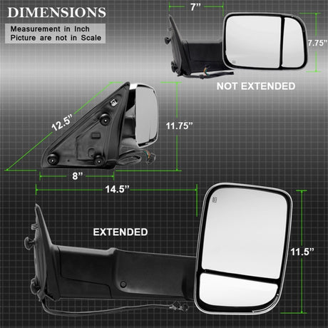 xTune Dodge Ram 1500 09-12 Extendable Heated Adjust Mirror Chrome Housing Right MIR-DRAM10-PW-R