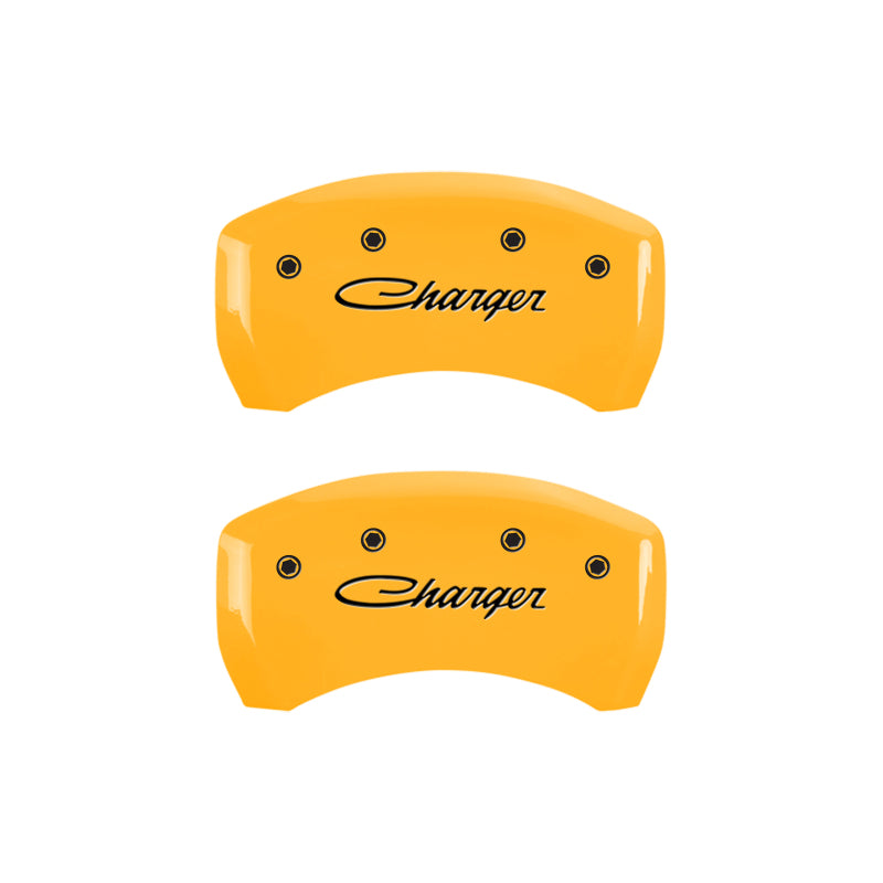 MGP 4 Caliper Covers Engraved Front & Rear 05-10 Dodge Charger R/T Yellow Finish Black Cursive Logo