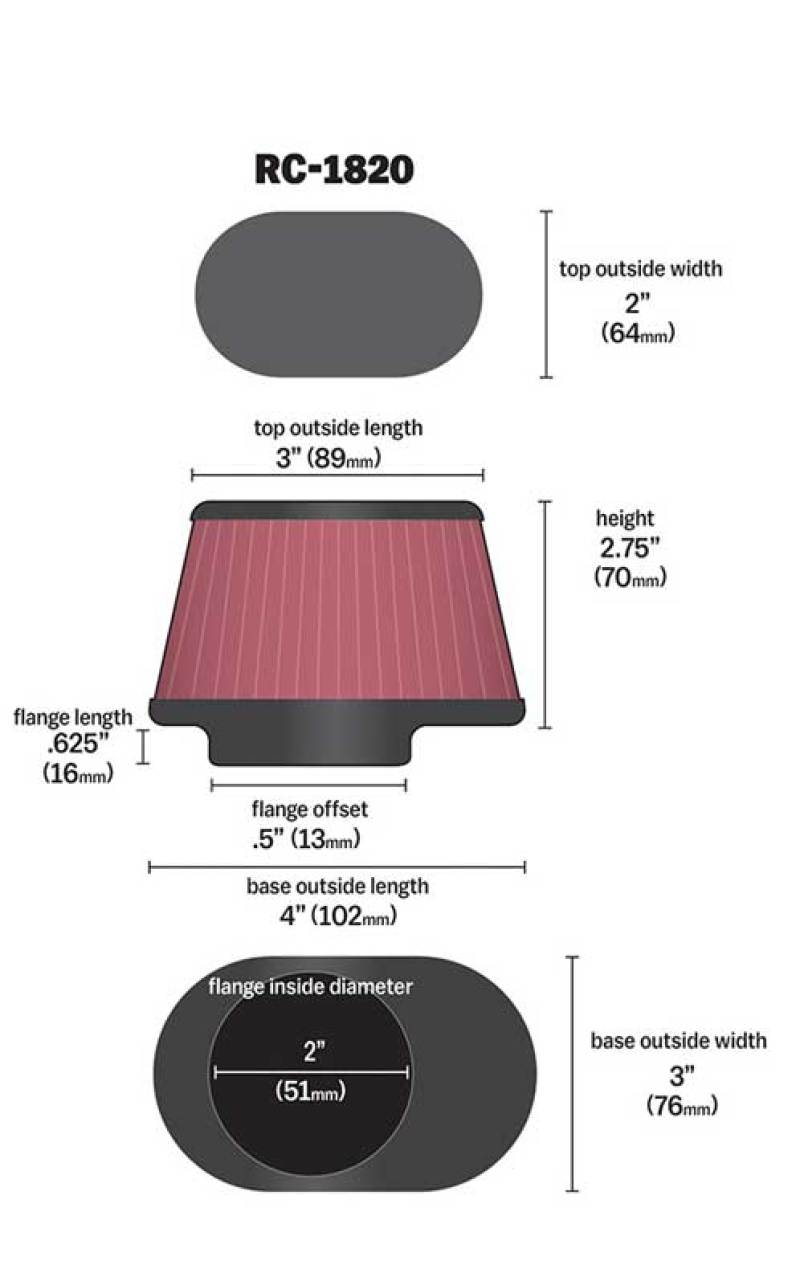 K&N Filter Universal Clamp-On Filter 2in Flange / 2-23/32in Base / 3in x 2in Top / 2-3/4in Height